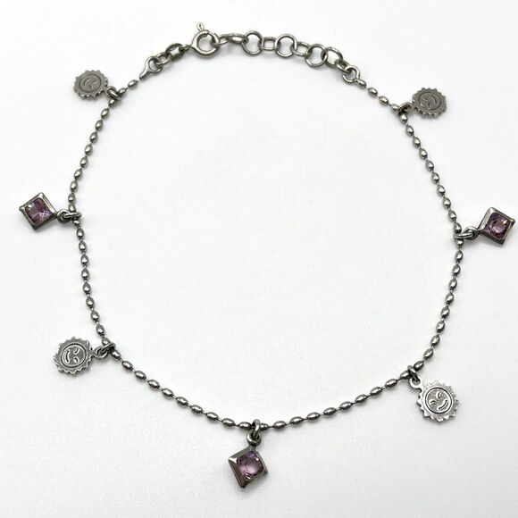Sterling Silver Ankle Bracelet Sun Happy Face Charm Lavender Rivioli Anklet 925 - Picture 6 of 6